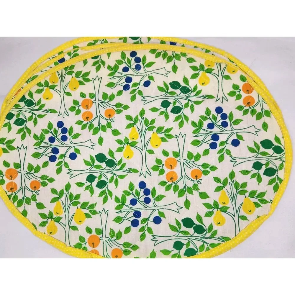 Vtg Set Of 3 Quilted Placemats Fruit Trees Lemon Orange Cottage Grandma Estate